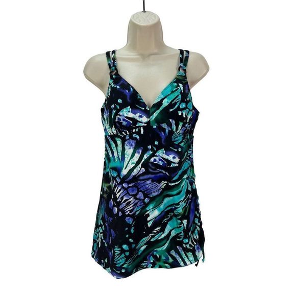 CHRISTINA 1 piece Swimsuit 10 D Tropical Hip Minimizer Turquoise Black w Skirt - Picture 1 of 6
